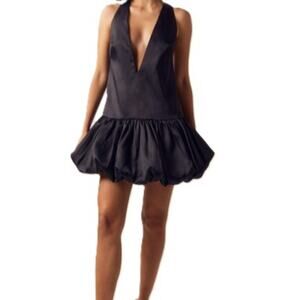 Nasty Gal Dress Size 8 Black Satin Low Plunge Puffball Hem Structured Party NWT